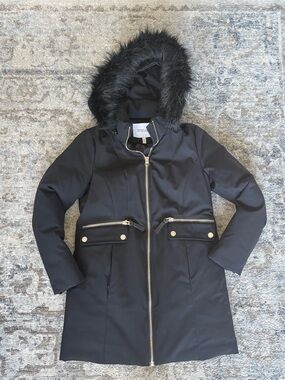 10 Crosby Derek Lam Black Quilted-Lined Hooded Puffer Coat with Faux Fur Trim